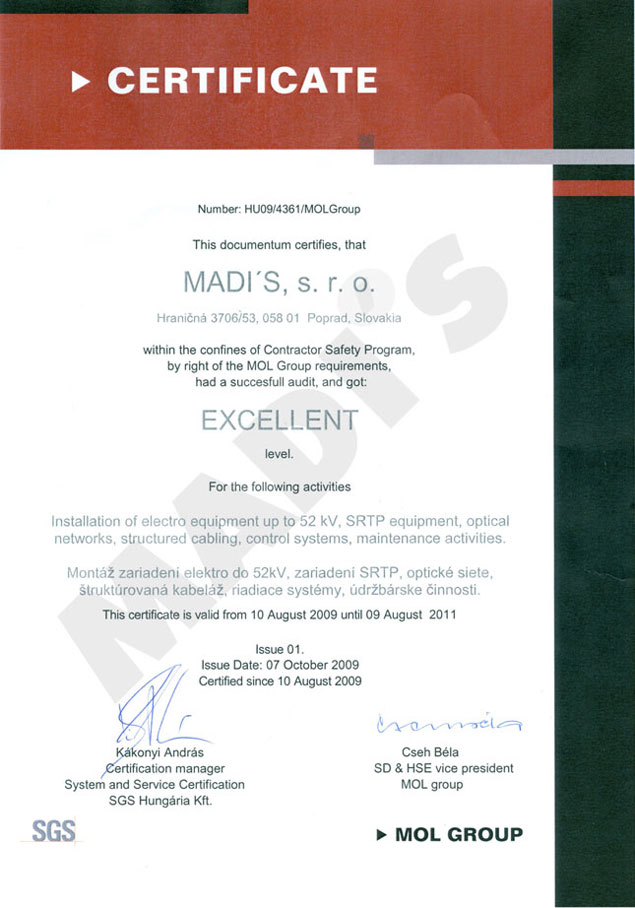 Certifikát MOL - Montáž