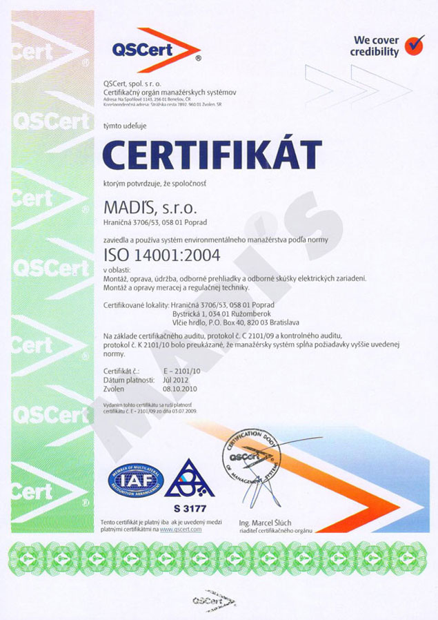 Certifikát ISO 14001:2004
