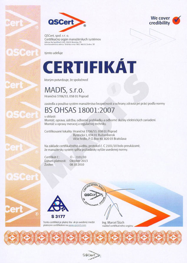 Certifikát BS OHSAS 18001:2007
