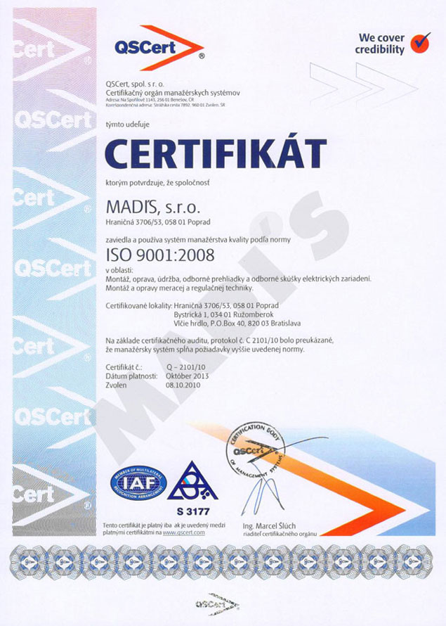 Certifikát ISO 9001:2008