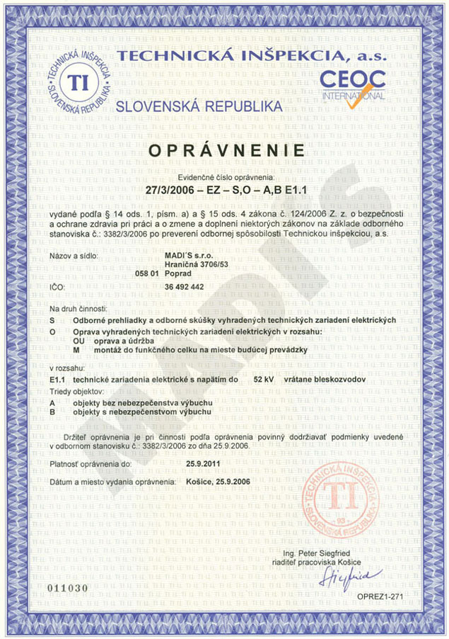 Certifikát Technická inšpekcia - Elektrina