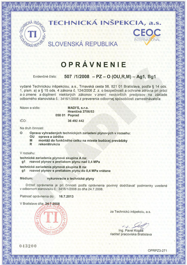 Certifikát Technická inšpekcia - Plyn<